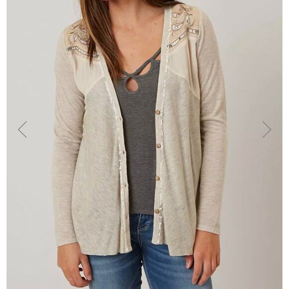 Miss Me Womens Pieced Cardigan Sweater Size S Style MDJ246L Embroider Natural - Picture 2 of 10